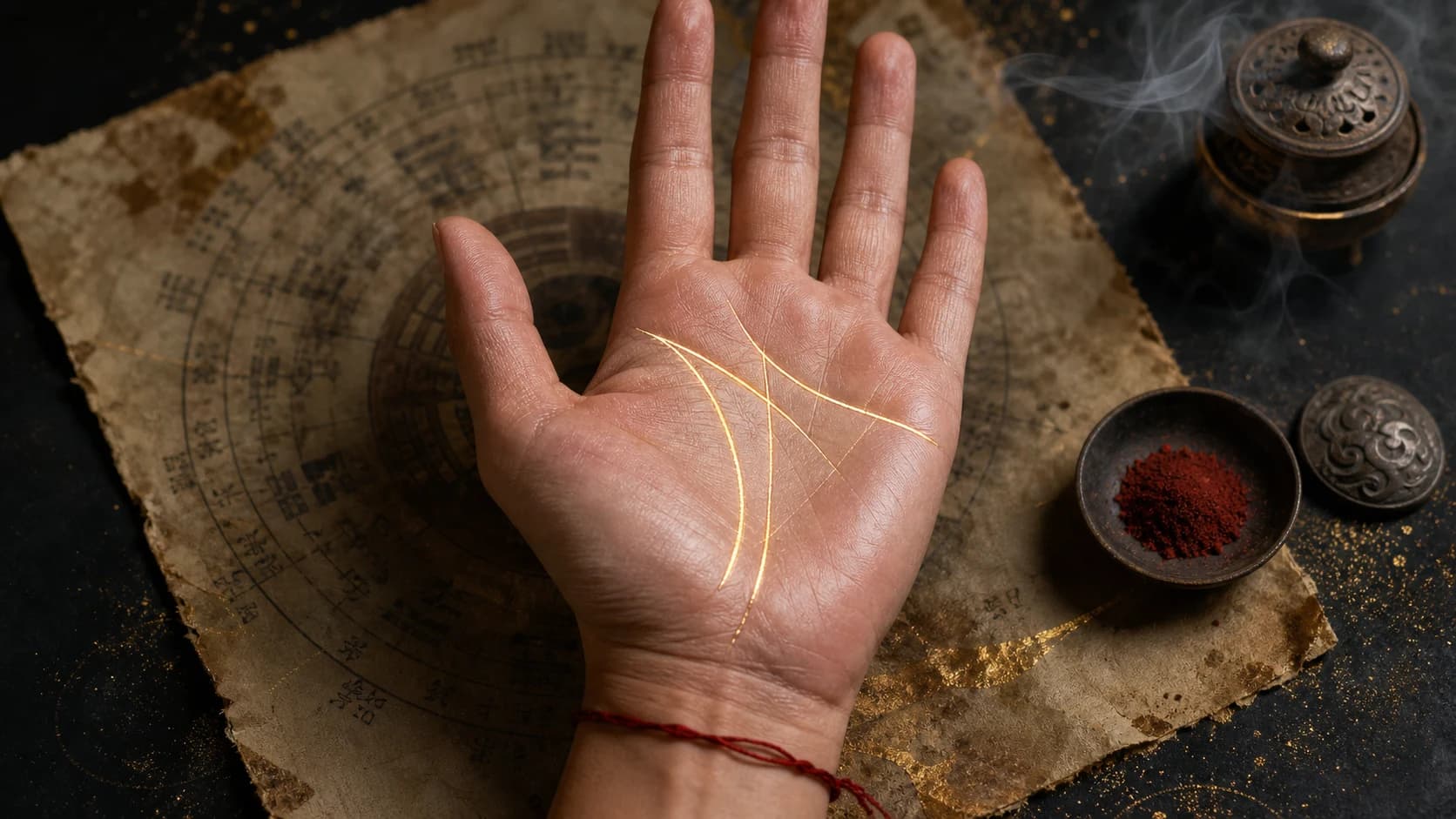 A clear open palm with gold tracings along the major palm lines