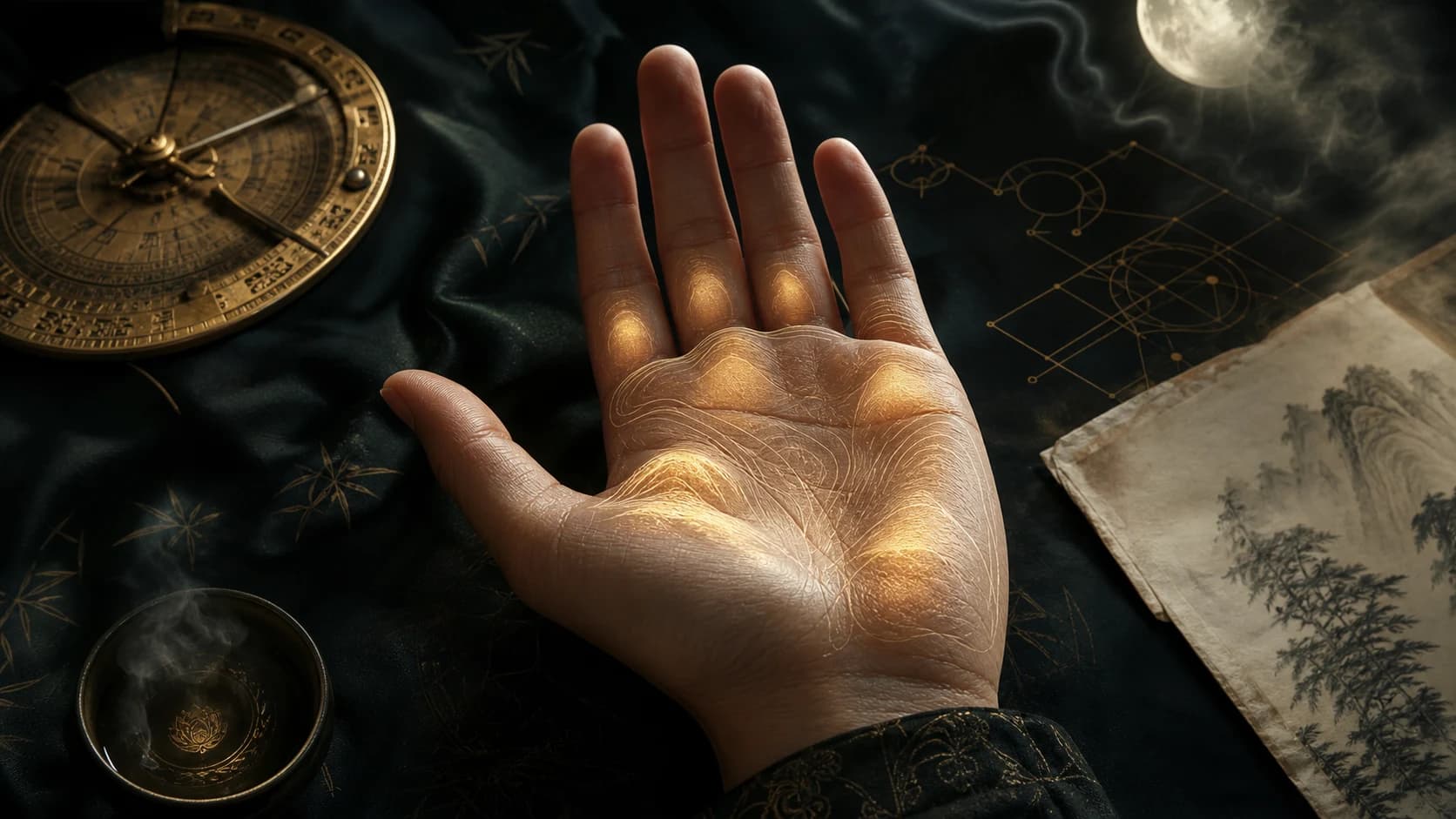 An open palm lit like a small landscape of hand mounts