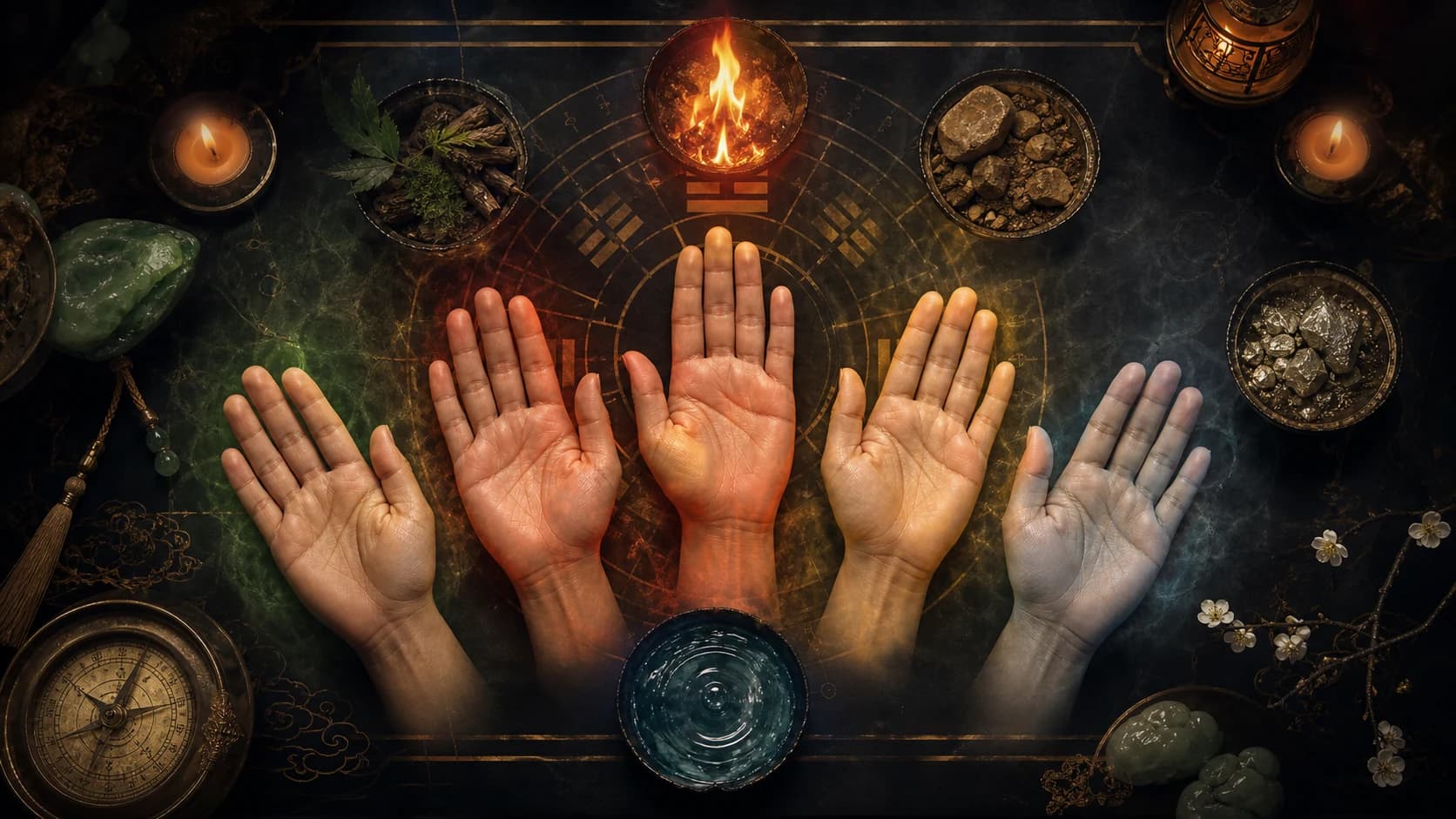 Five open palms arranged as the five elements on a ritual table